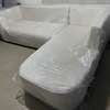 Canapé d'angle beige clair 5-6 places avec pouf rouge thumb 5