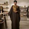 Robe longue marron motifs dorés taille unique fluide thumb 0