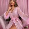 Peignoir transparent rose clair manches fourrure thumb 0