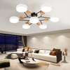 Plafonnier LED 7 lampes métal noir bois clair salon thumb 0
