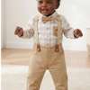 Ensemble garçon beige chemise carreaux bretelles nœud thumb 1
