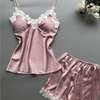 Ensemble pyjama satin doré dentelle blanche ajustable thumb 1