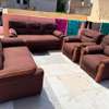 Canapé 7 places marron foncé accoudoirs bois thumb 0