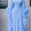 Robe longue bleu clair volants manches élégante thumb 4