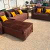 Canapé d'angle marron tissu coussins jaunes 7 places thumb 1