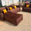 Canapé d'angle marron tissu coussins jaunes 7 places thumb 0