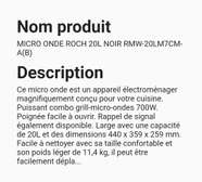 MICRO ONDE 20 LITRES ROCH NOIR A+++