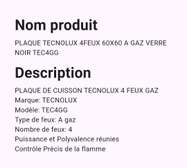 Plaque cuisson gaz 4 feux noire avec grilles fonte