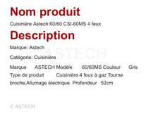 Cuisinière gaz 4 feux inox 60x60 Astech