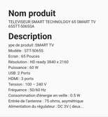 TÉLÉVISEUR SMART TECHNOLOGY 65 SMART TV