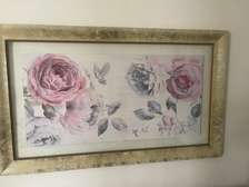 Tableau floral vintage cadre bois doré 60x30 cm