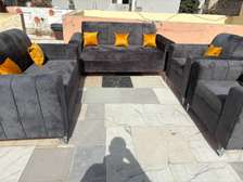 Ensemble canapé velours gris 3+2+1 avec coussins orange