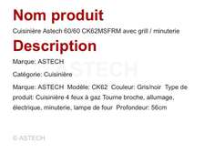 AsTech CK-62 cuisinière gaz 4 feux four électrique inox