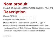Astor plaque cuisson gaz 4 feux noir commandes frontales