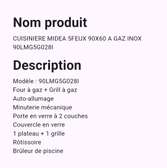 Cuisiniere Midea 5 feux 90x60 a Gaz inox