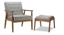 Fauteuil bois massif vintage gris clair avec repose-pieds