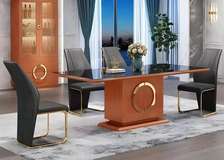 Table design bois massif verre noir + 4 chaises cuir