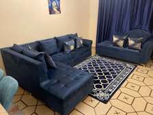 Salon 7 places tradimoderne en daim bleu de nuit