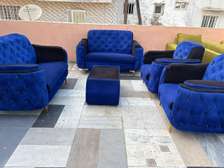Ensemble canapé velours bleu 6 places + table