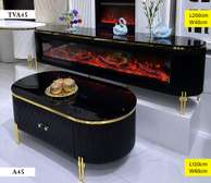 ENSEMBLE MEUBLE TV CHEMINÉE ET TABLE BASSE NOIR ET DORÉ