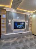 Meuble TV design moderne blanc bois LED intégré