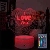 Lampe 3D I Love You cœur multicolore télécommande