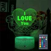 Lampe 3D cœur i love you multicolore télécommande