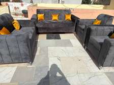 Ensemble canapé velours gris 3+2+1 avec coussins orange