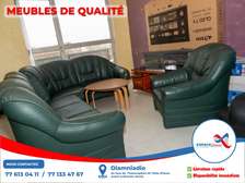 Canapé d'angle cuir vert foncé avec fauteuil