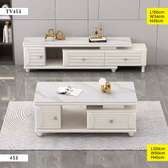 ENSEMBLE MEUBLE TV ET TABLE BASSE BLANC EFFET MARBRE ET DORÉ