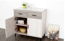 Buffet moderne bois clair 2 tiroirs 2 portes gris