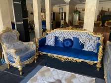 Salon Louis XIV bleu et doré bois massif velours