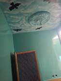 Plafond peint oiseaux bleu ciel vert tendre déco