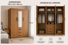Armoire 2 portes miroir bois noyer 3 tiroirs compacte
