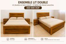 Lit double bois massif 140x200 avec 2 tables de chevet