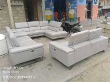 Canapé d'angle cuir beige 5 places design moderne