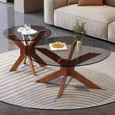 Table basse ronde bois massif et verre trempé 35-41cm