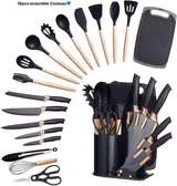 Ensemble cuisine 18 pièces couteaux bois noir