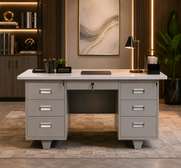 Bureau moderne gris clair 6 tiroirs bois métal