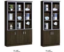Bibliothèque bois stratifié portes vitrées cadre argenté