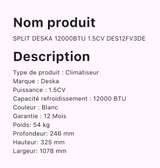 Split Deska DES-VT14 blanc 12000 BTU