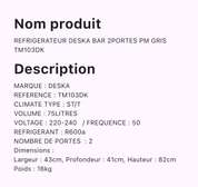 Réfrigérateur Deska Bar 2 portes Gris