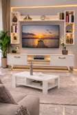Meuble TV design blanc cassé LED détails dorés