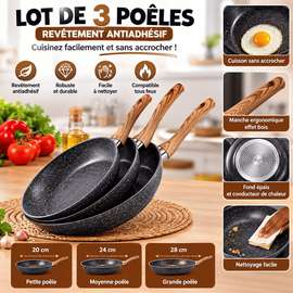 Lot de 3 poêles antiadhésives effet granit