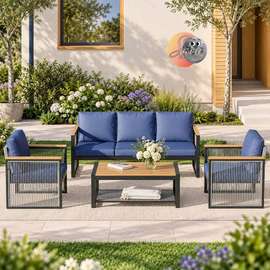 SALON DE JARDIN 7PLACES EN METAL BLEU QYZMOT017BUC