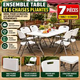 1 table pliante + 6 chaises blanches