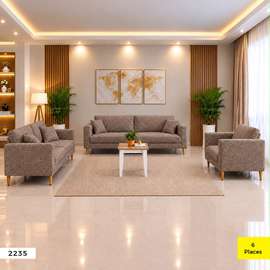 Salon 6 places tissu gris pieds bois clair