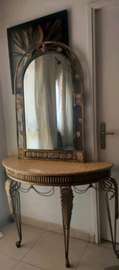 Console vintage bois métal miroir arche doré