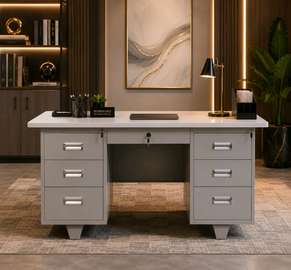 Bureau moderne gris clair 6 tiroirs bois métal