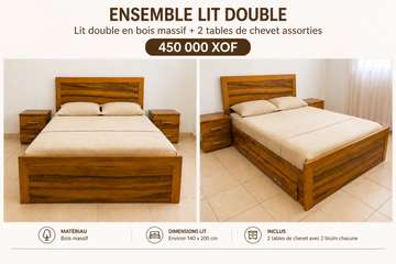 Lit double bois massif 140x200 avec 2 tables de chevet